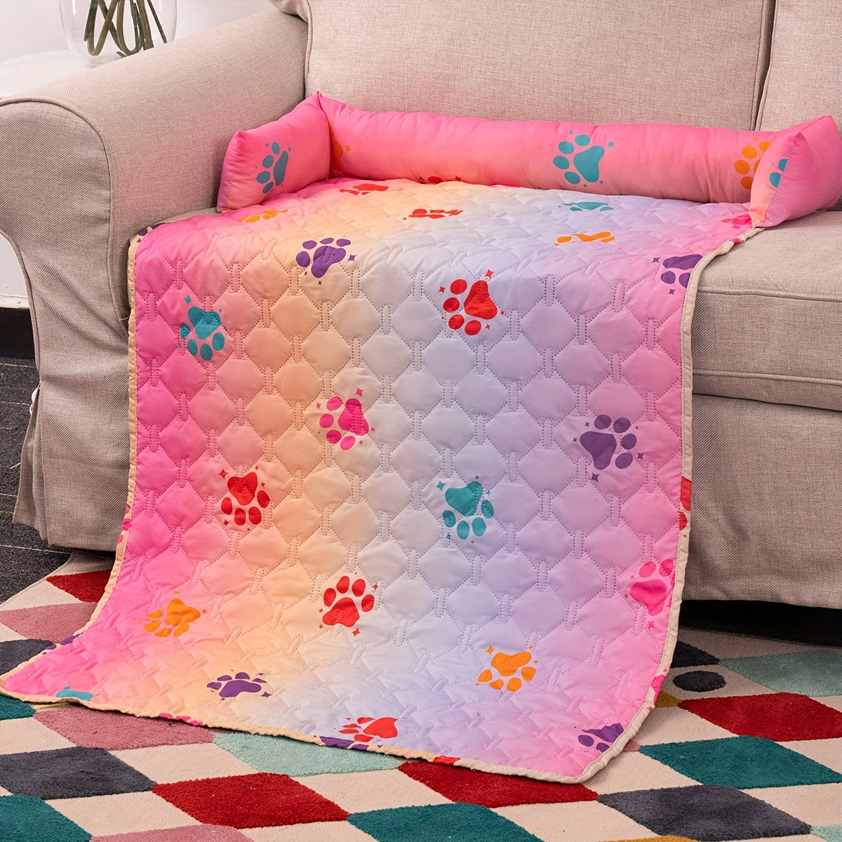 1pc Pet Sofa Bed Cover - Slip-Resistant, Waterproof, Washable, Reversible, and Reusable Mat with Built-in Changing Pad - Perfect for Pets and Dogs of All Sizes, Colorful Rainbow Dog Paw Design Furniture Cover