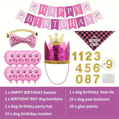 7 Pcs Dog Birthday Party Supplies, Birthday Hat Bandana Scarf With Cute Dog Bow Tie, Flag, Balloons For Small Medium Dogs Pets, Doggie Birthday Party Supplies Decorations