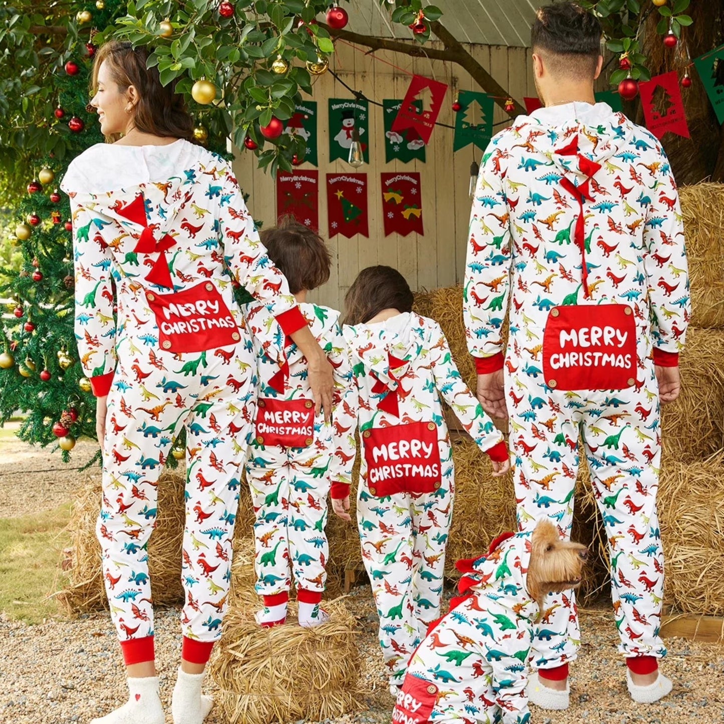 Baby Christmas Pajamas Family Matching Hooded One Piece Long Sleeve Dinosaur Costume Sleepwear Newborn Infant Clothes with Christmas Socks 12-18 Months