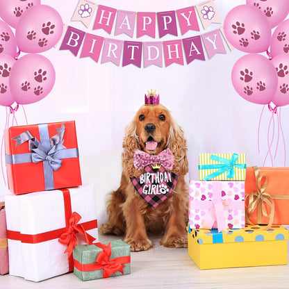 7 Pcs Dog Birthday Party Supplies, Birthday Hat Bandana Scarf With Cute Dog Bow Tie, Flag, Balloons For Small Medium Dogs Pets, Doggie Birthday Party Supplies Decorations