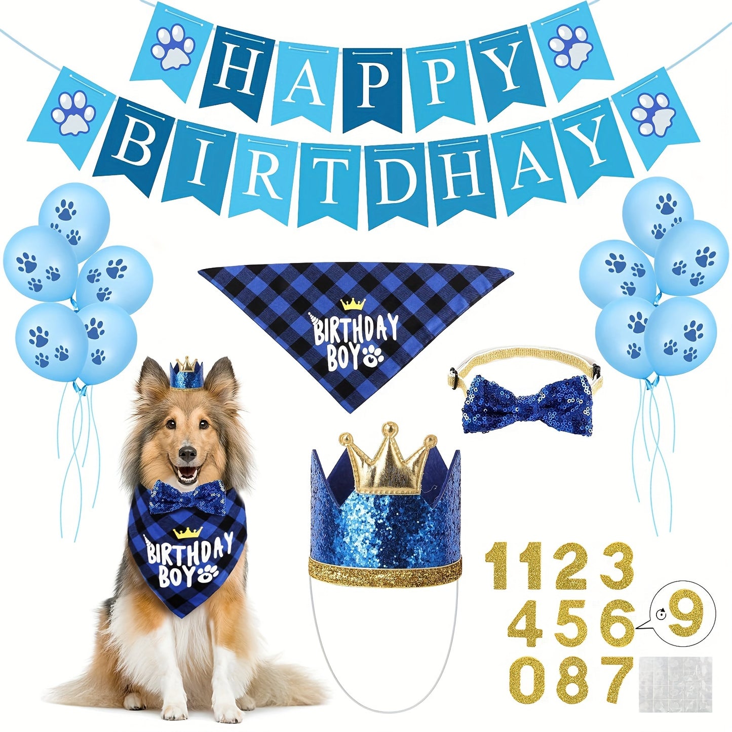 7 Pcs Dog Birthday Party Supplies, Birthday Hat Bandana Scarf With Cute Dog Bow Tie, Flag, Balloons For Small Medium Dogs Pets, Doggie Birthday Party Supplies Decorations