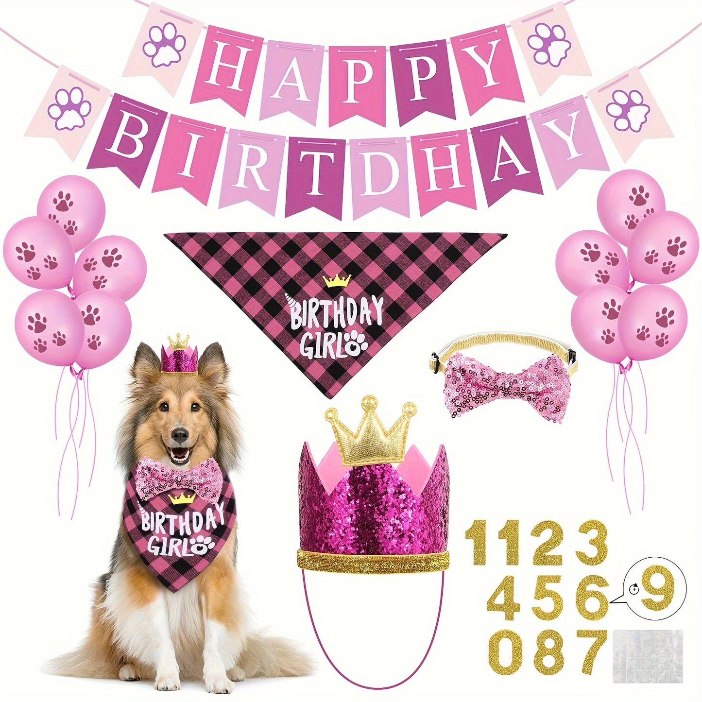 7 Pcs Dog Birthday Party Supplies, Birthday Hat Bandana Scarf With Cute Dog Bow Tie, Flag, Balloons For Small Medium Dogs Pets, Doggie Birthday Party Supplies Decorations