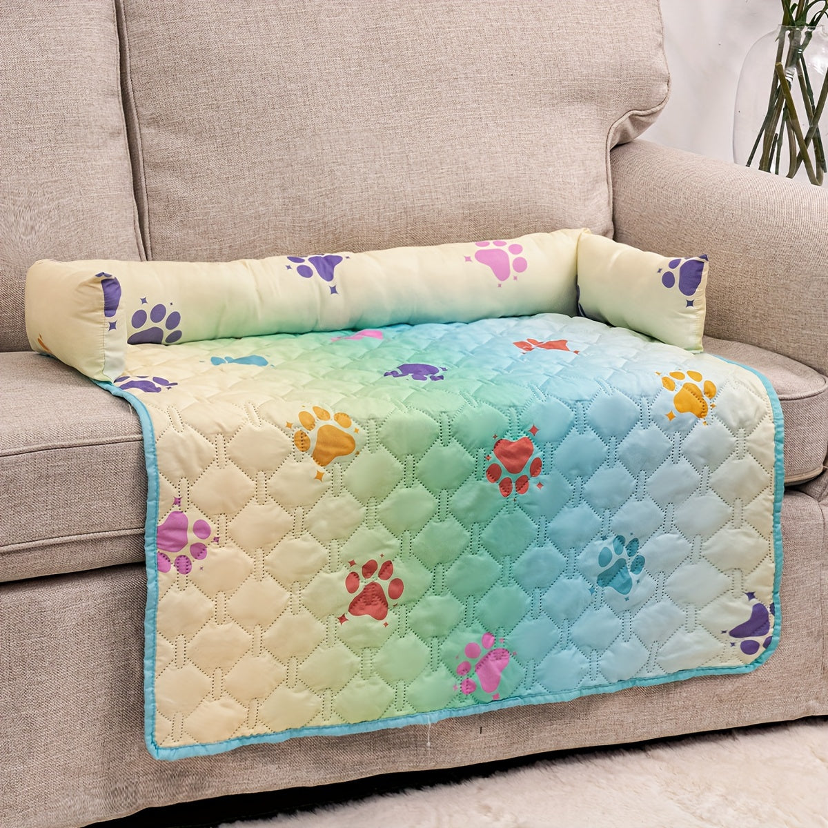 1pc Pet Sofa Bed Cover - Slip-Resistant, Waterproof, Washable, Reversible, and Reusable Mat with Built-in Changing Pad - Perfect for Pets and Dogs of All Sizes, Colorful Rainbow Dog Paw Design Furniture Cover